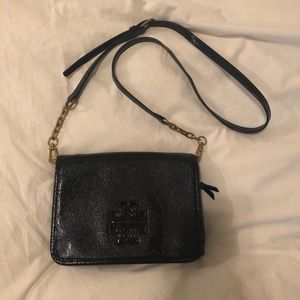 Tory Burch Black Patent Leather Crossbody Bag with Gold Hardware